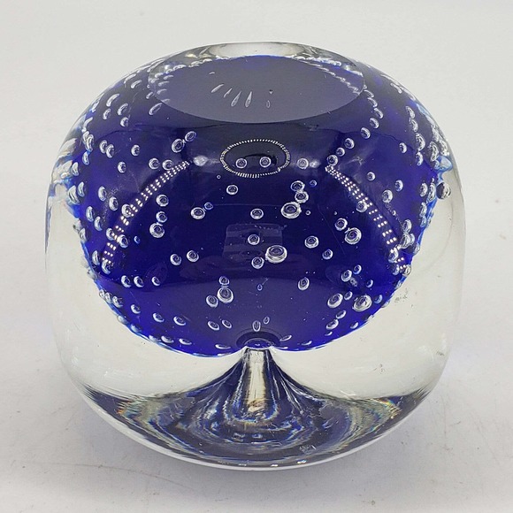 Other - Blue Pinched Sides Studio art Glass Paperweight controlled Bubbles Smooth pontil